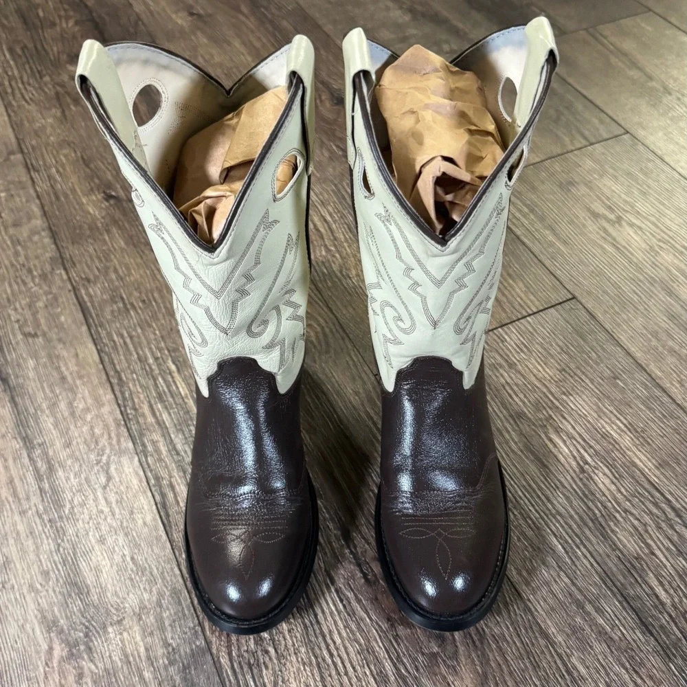 Old West Unisex Toddler Western Cowboy Boots Cream Brown Leather‎ Size 045